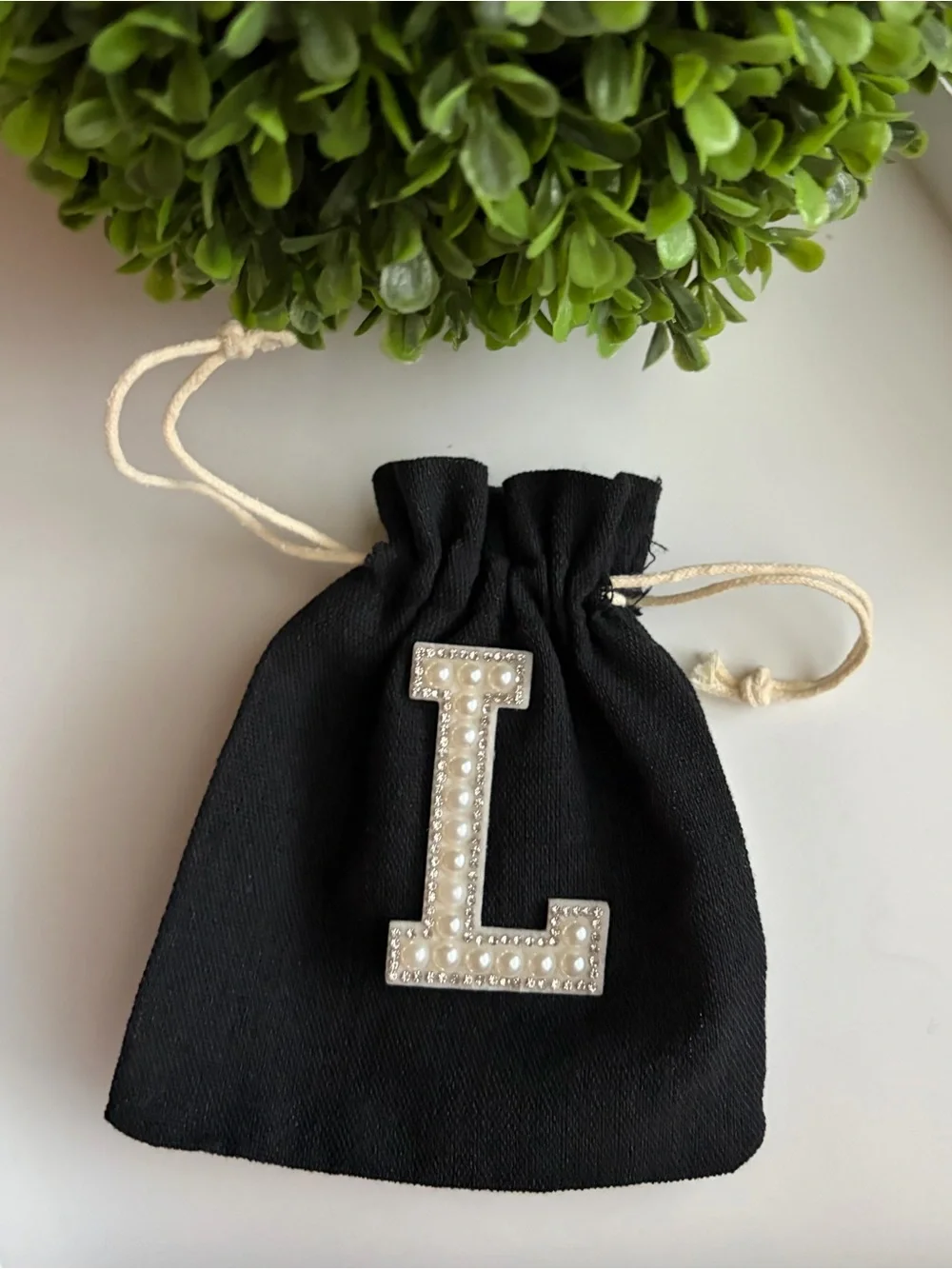 Black Drawstring Pouch with Pearl-Embellished Initial Accent - choose one